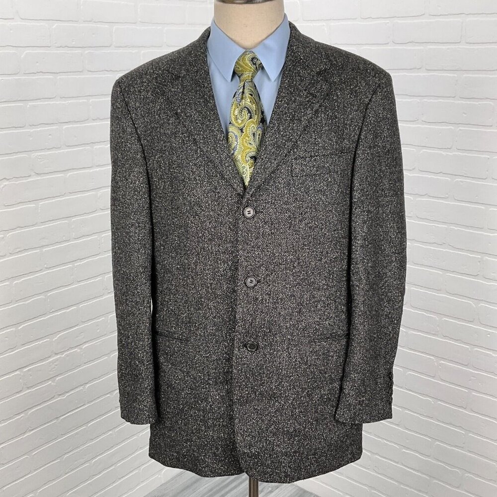BOSS Hugo‎ Boss Blazer Men 40 Black White Herringbone Einstein Silk Wool Stretch